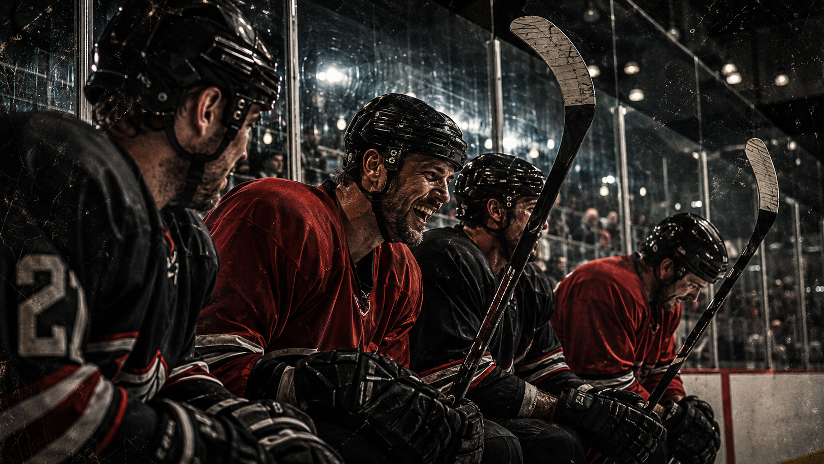 Players laughing on the bench between shifts